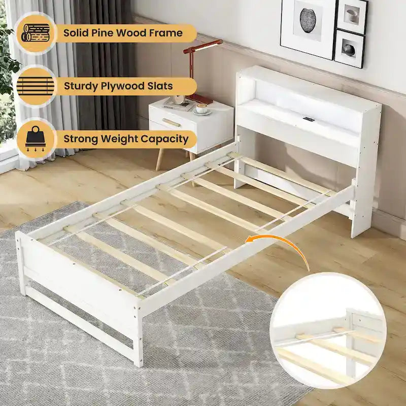 Cadre de lit double en bois avec tête de lit de rangement, station de charge et lumière LED, gris/blanc