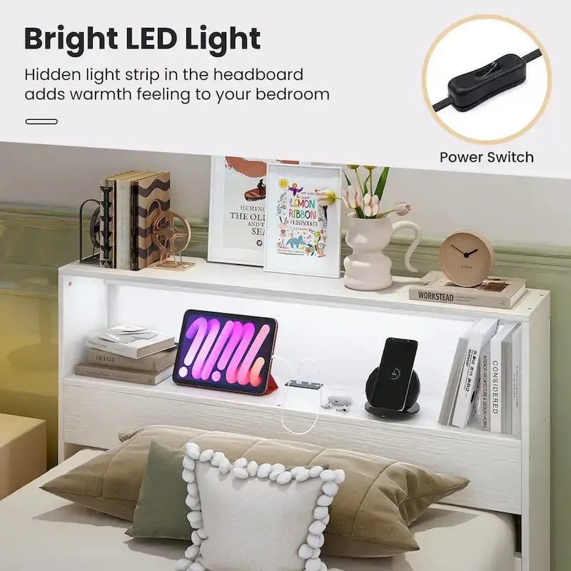 Cadre de lit double en bois avec tête de lit de rangement, station de charge et lumière LED, gris/blanc