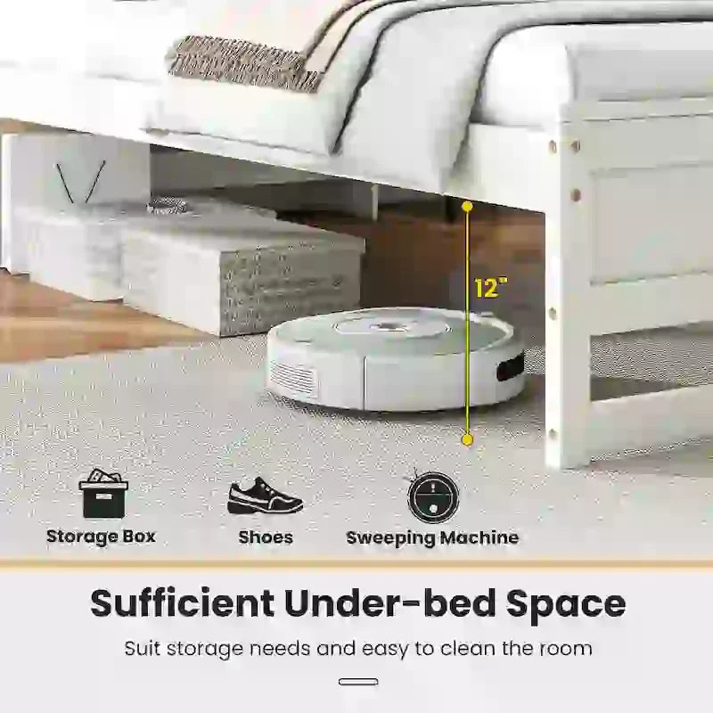 Cadre de lit double en bois avec tête de lit de rangement, station de charge et lumière LED, gris/blanc