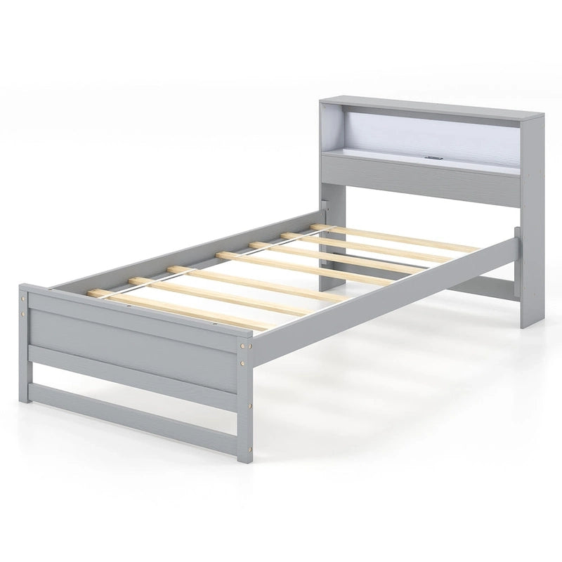 Cadre de lit double en bois avec tête de lit de rangement, station de charge et lumière LED, gris/blanc
