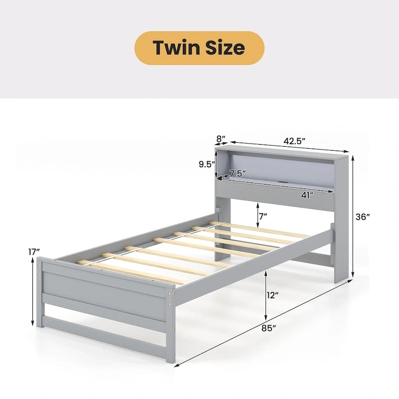 Cadre de lit double en bois avec tête de lit de rangement, station de charge et lumière LED, gris/blanc