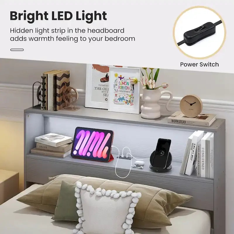 Cadre de lit double en bois avec tête de lit de rangement, station de charge et lumière LED, gris/blanc