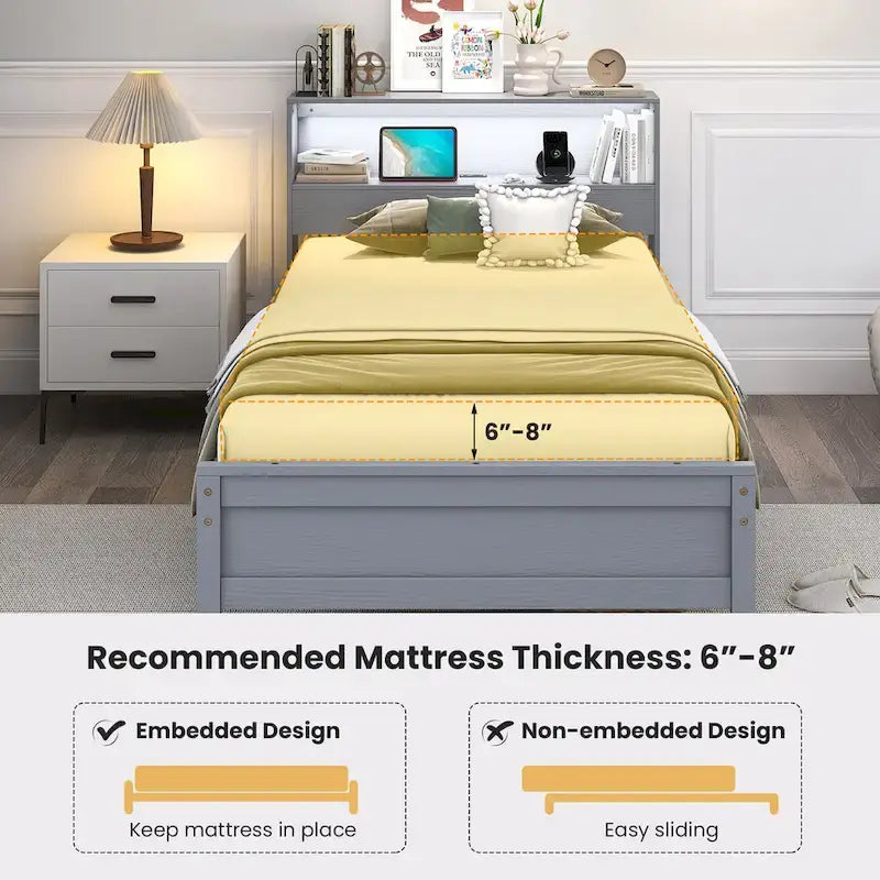 Cadre de lit double en bois avec tête de lit de rangement, station de charge et lumière LED, gris/blanc