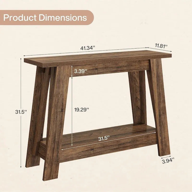 Console d'entrée 2 niveaux en bois marron rustique avec étagère ouverte
