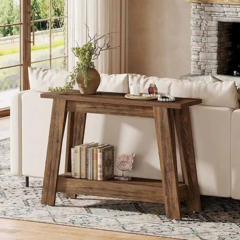 Console d'entrée 2 niveaux en bois marron rustique avec étagère ouverte