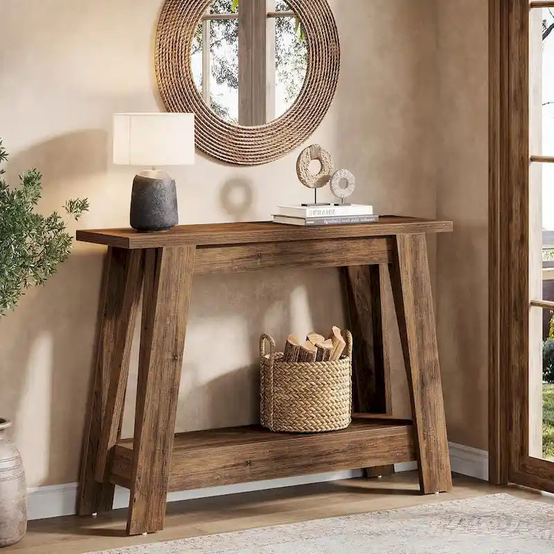 Console d'entrée 2 niveaux en bois marron rustique avec étagère ouverte