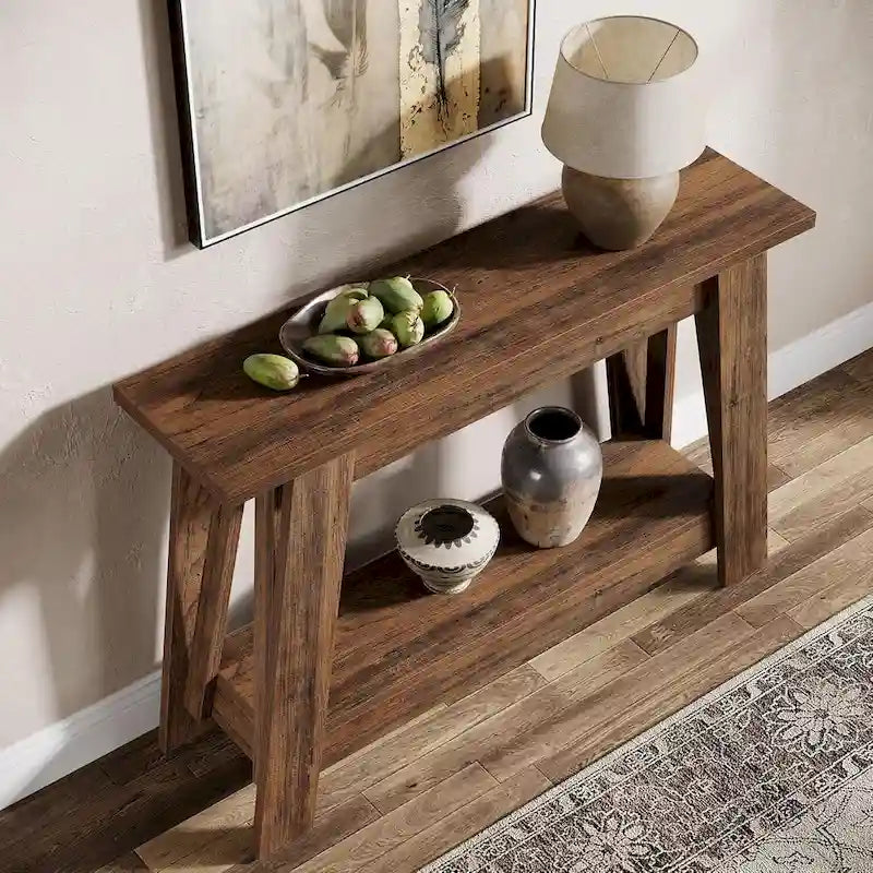 Console d'entrée 2 niveaux en bois marron rustique avec étagère ouverte
