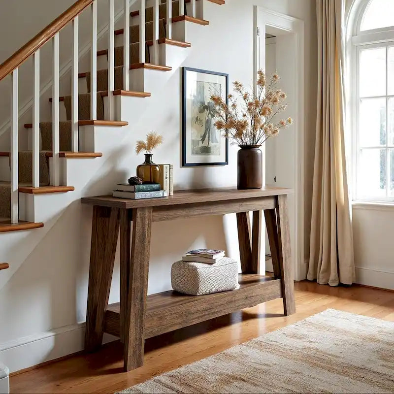 Console d'entrée 2 niveaux en bois marron rustique avec étagère ouverte