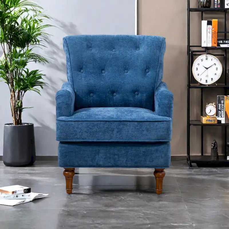 Fauteuil d'appoint capitonné à oreilles avec pieds rétro en bois, bleu et avoine