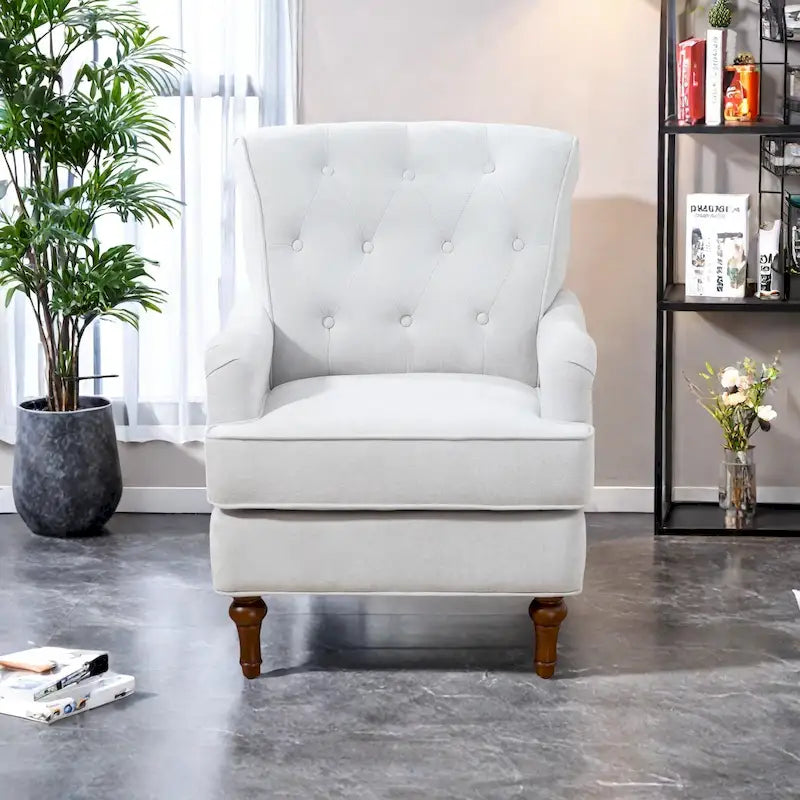 Fauteuil d'appoint capitonné à oreilles avec pieds rétro en bois, bleu et avoine
