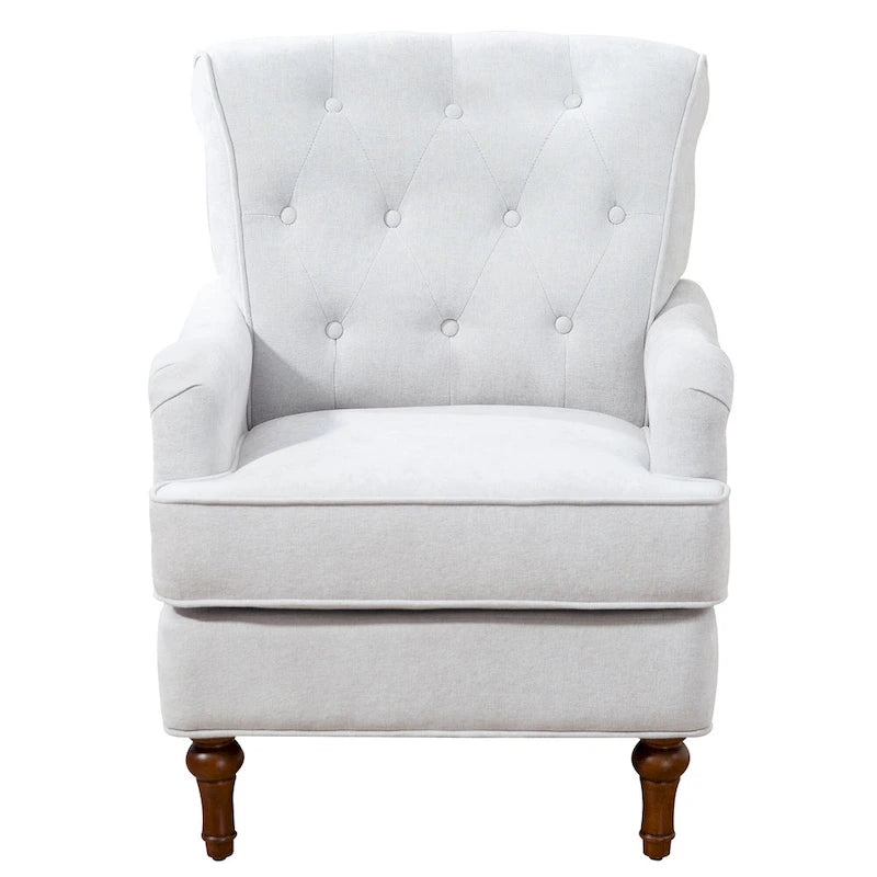 Fauteuil d'appoint capitonné à oreilles avec pieds rétro en bois, bleu et avoine
