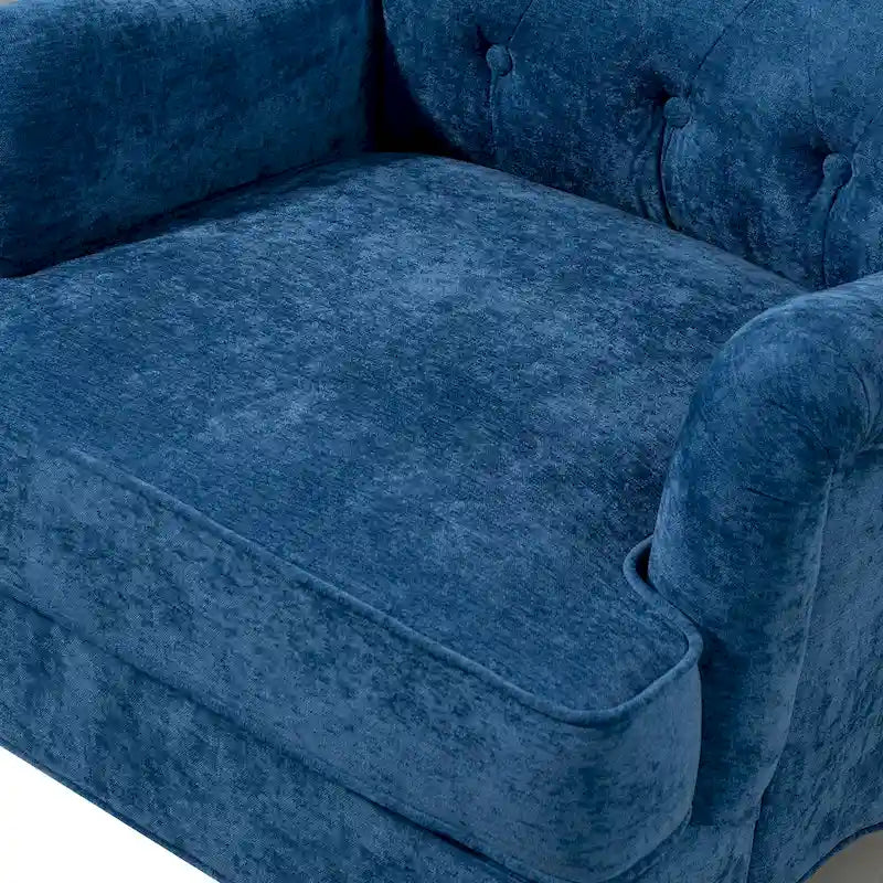 Fauteuil d'appoint capitonné à oreilles avec pieds rétro en bois, bleu et avoine