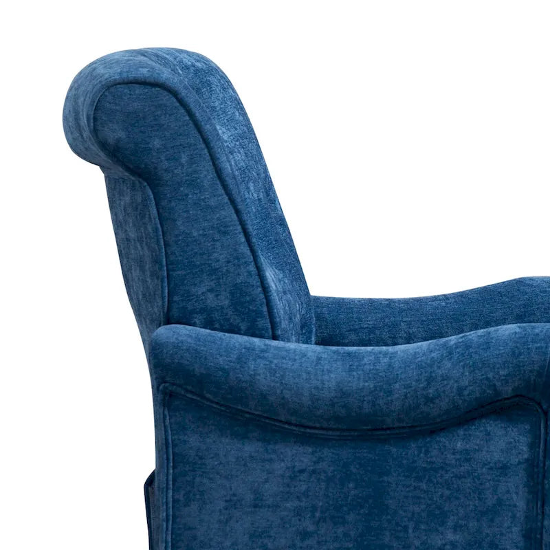 Fauteuil d'appoint capitonné à oreilles avec pieds rétro en bois, bleu et avoine