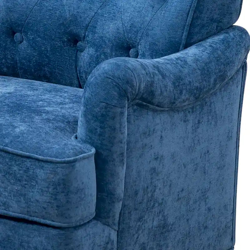 Fauteuil d'appoint capitonné à oreilles avec pieds rétro en bois, bleu et avoine