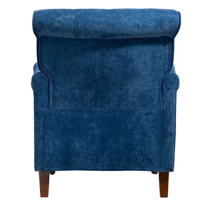 Fauteuil d'appoint capitonné à oreilles avec pieds rétro en bois, bleu et avoine