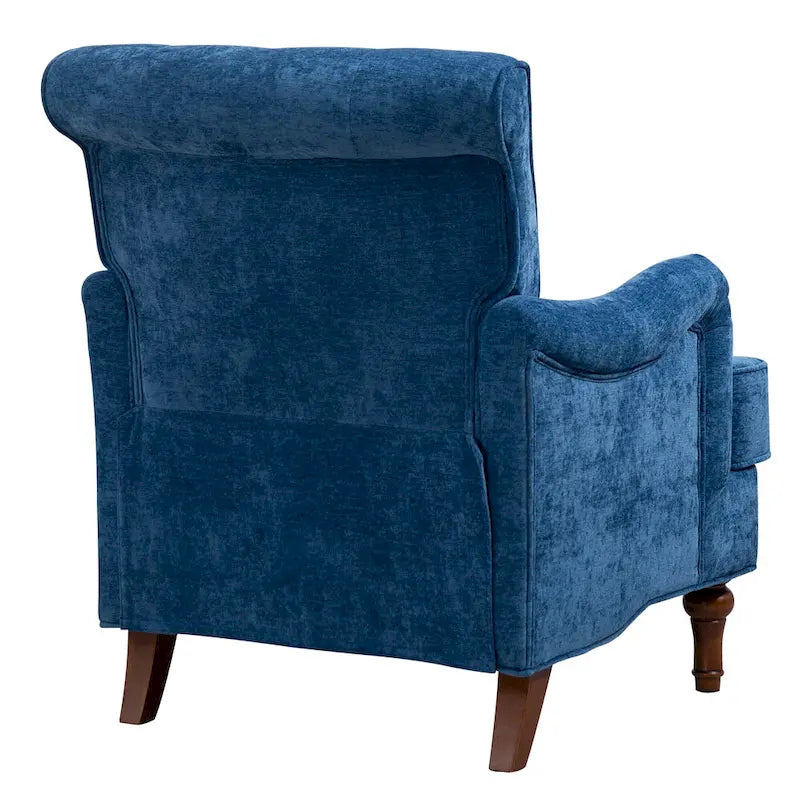Fauteuil d'appoint capitonné à oreilles avec pieds rétro en bois, bleu et avoine