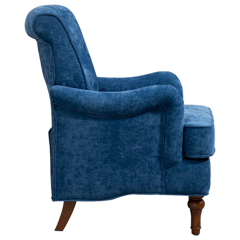 Fauteuil d'appoint capitonné à oreilles avec pieds rétro en bois, bleu et avoine