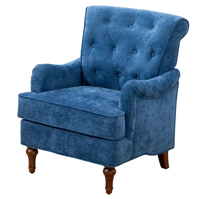 Fauteuil d'appoint capitonné à oreilles avec pieds rétro en bois, bleu et avoine