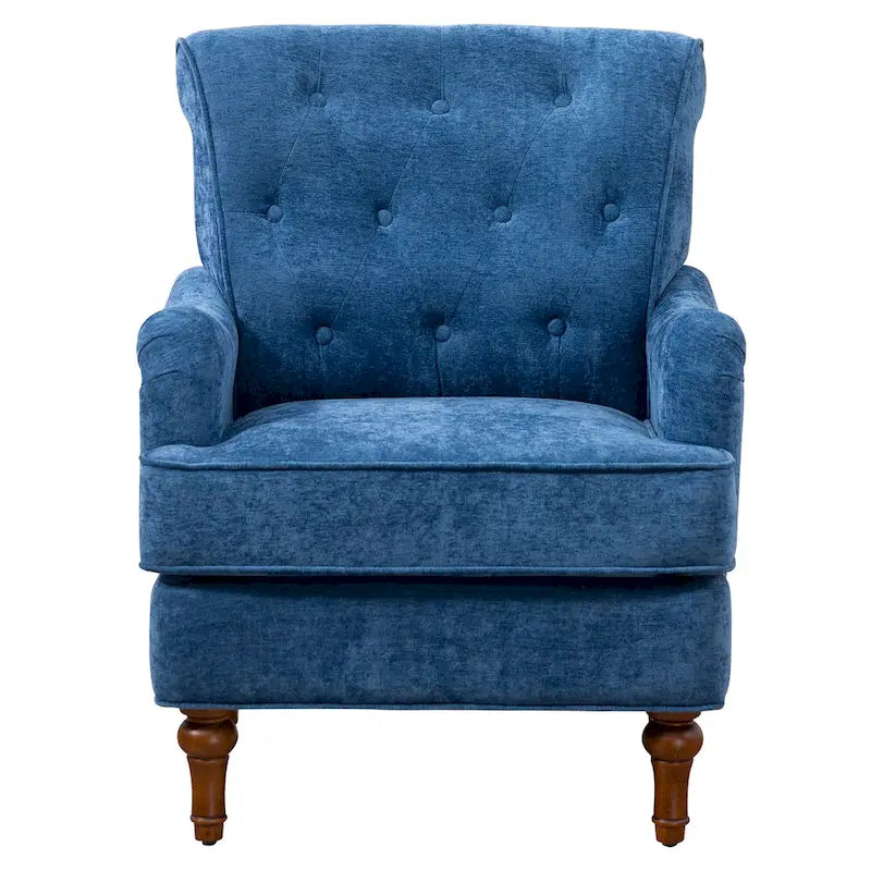 Fauteuil d'appoint capitonné à oreilles avec pieds rétro en bois, bleu et avoine