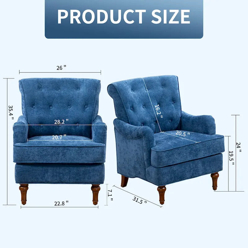 Fauteuil d'appoint capitonné à oreilles avec pieds rétro en bois, bleu et avoine
