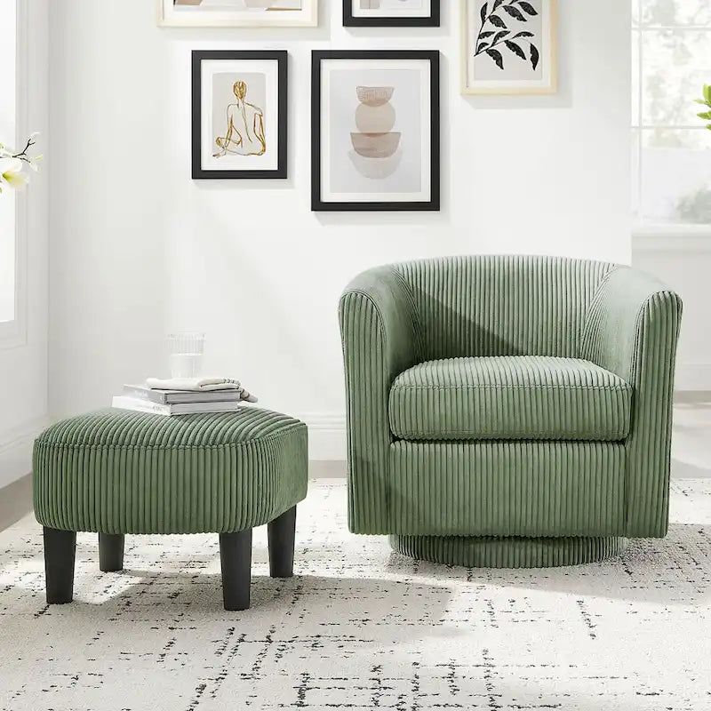 Fauteuil d'appoint pivotant à 360° en velours côtelé vert avec dossier mi-haut