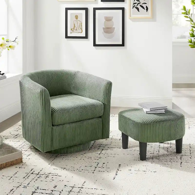 Fauteuil d'appoint pivotant à 360° en velours côtelé vert avec dossier mi-haut