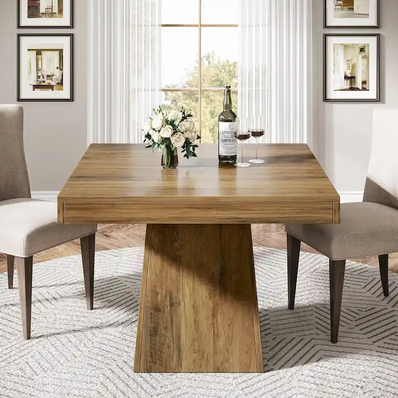 Table à manger piédestal carrée pour 4 personnes avec finition veinée bois marron rustique