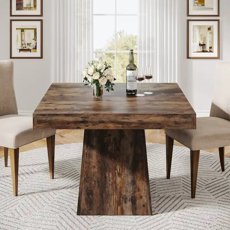 Table à manger piédestal carrée pour 4 personnes avec finition veinée bois marron rustique