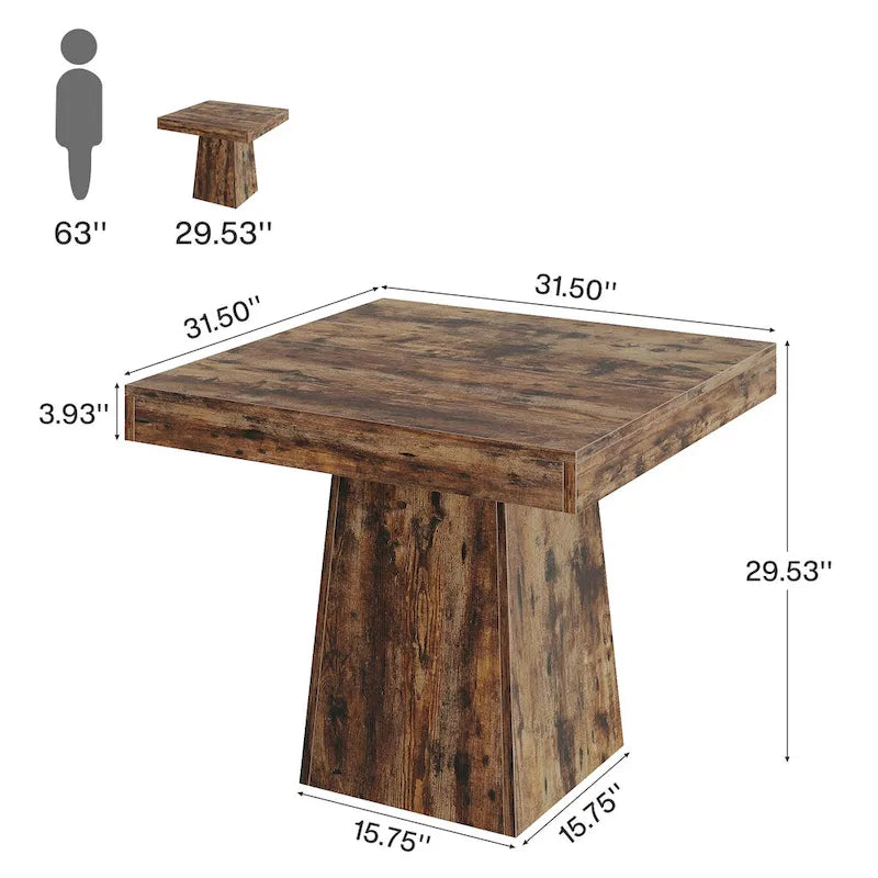 Table à manger piédestal carrée pour 4 personnes avec finition veinée bois marron rustique