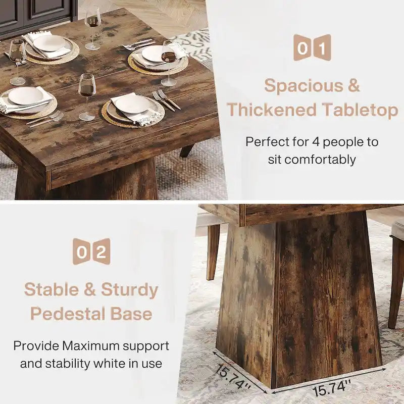 Table à manger piédestal carrée pour 4 personnes avec finition veinée bois marron rustique