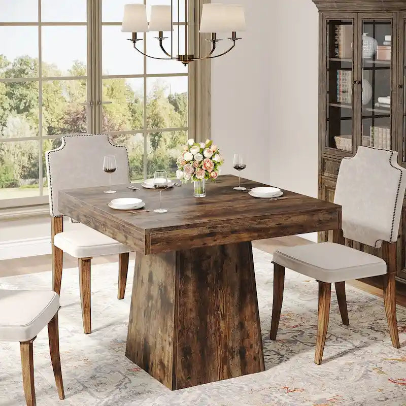 Table à manger piédestal carrée pour 4 personnes avec finition veinée bois marron rustique