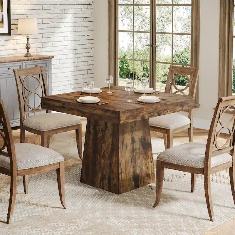 Table à manger piédestal carrée pour 4 personnes avec finition veinée bois marron rustique