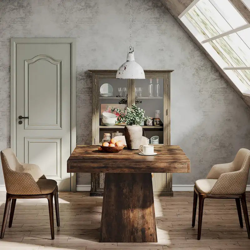 Table à manger piédestal carrée pour 4 personnes avec finition veinée bois marron rustique