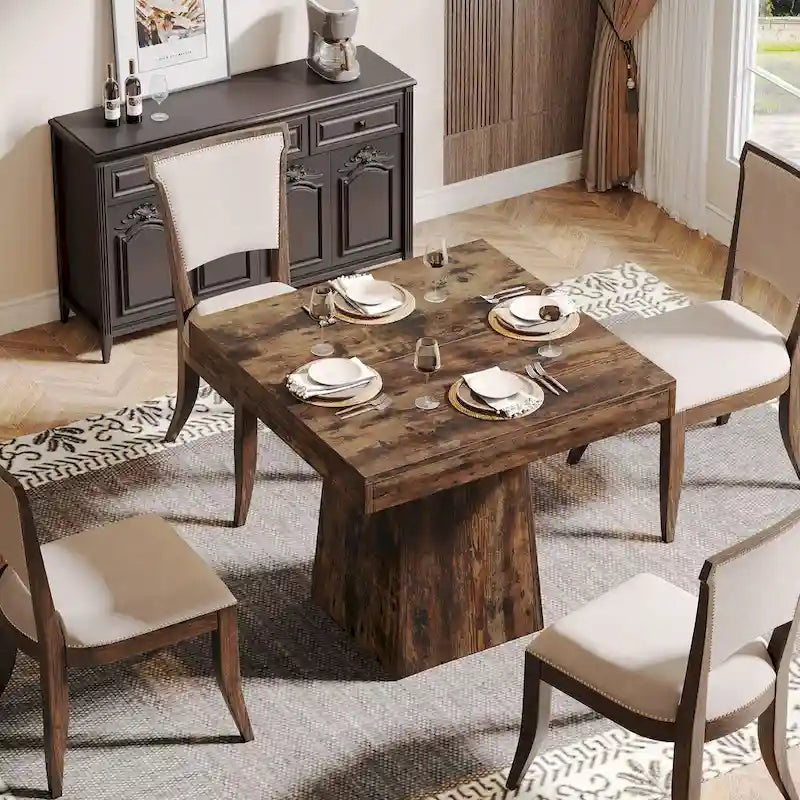 Table à manger piédestal carrée pour 4 personnes avec finition veinée bois marron rustique