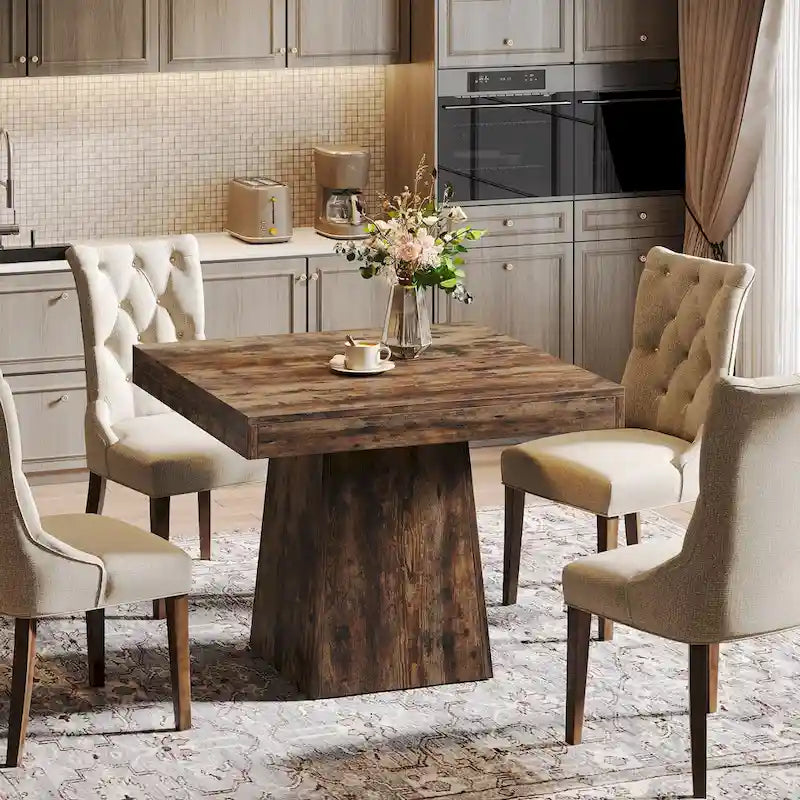 Table à manger piédestal carrée pour 4 personnes avec finition veinée bois marron rustique