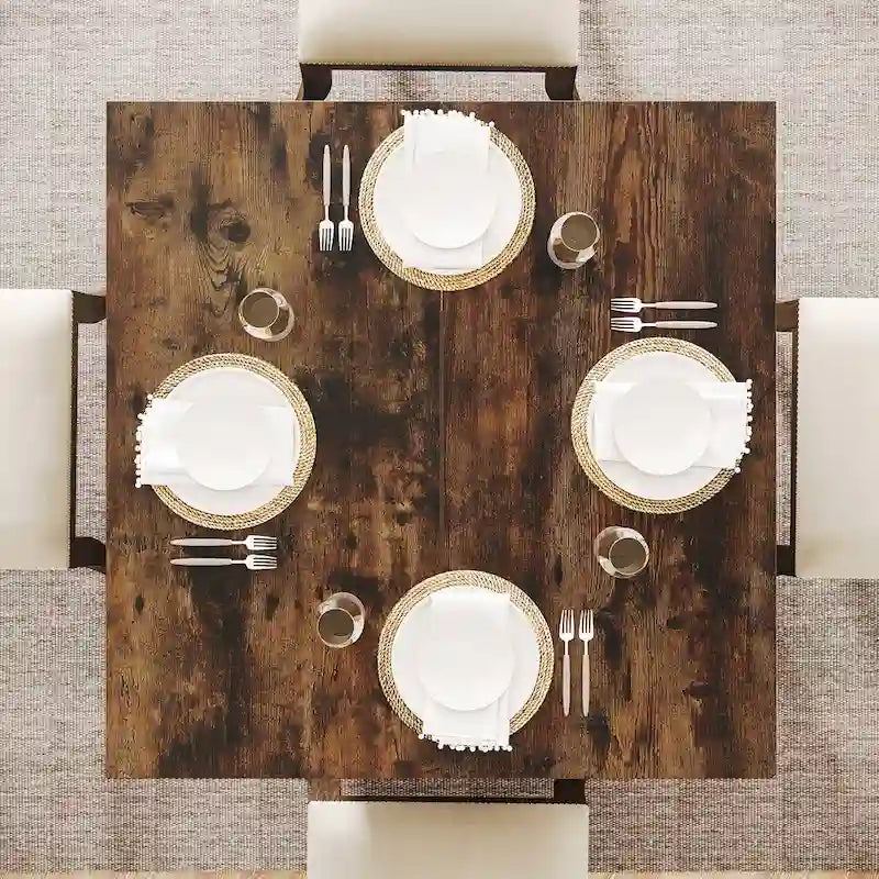 Table à manger piédestal carrée pour 4 personnes avec finition veinée bois marron rustique