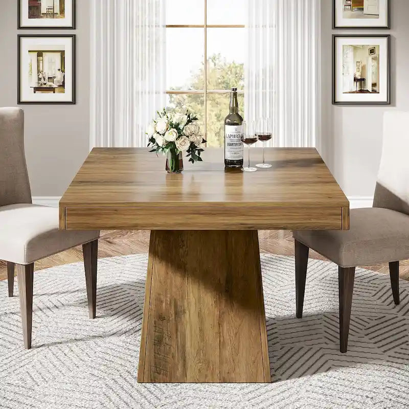 Table à manger piédestal carrée pour 4 personnes avec finition veinée bois marron rustique