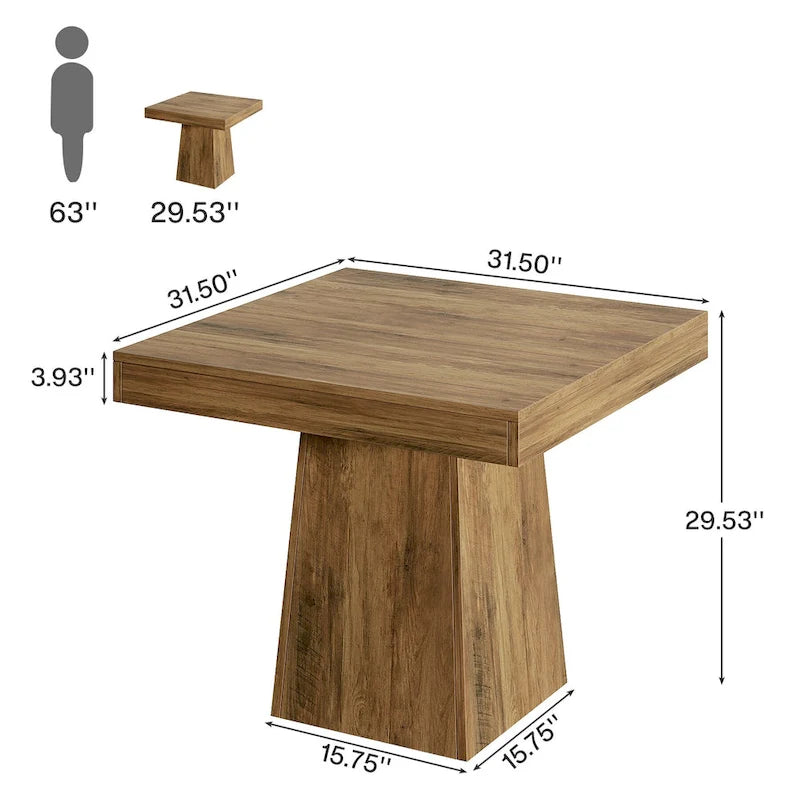 Table à manger piédestal carrée pour 4 personnes avec finition veinée bois marron rustique