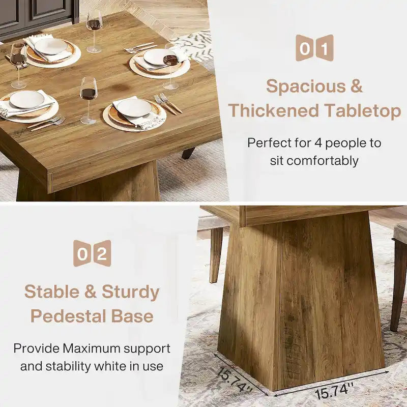 Table à manger piédestal carrée pour 4 personnes avec finition veinée bois marron rustique