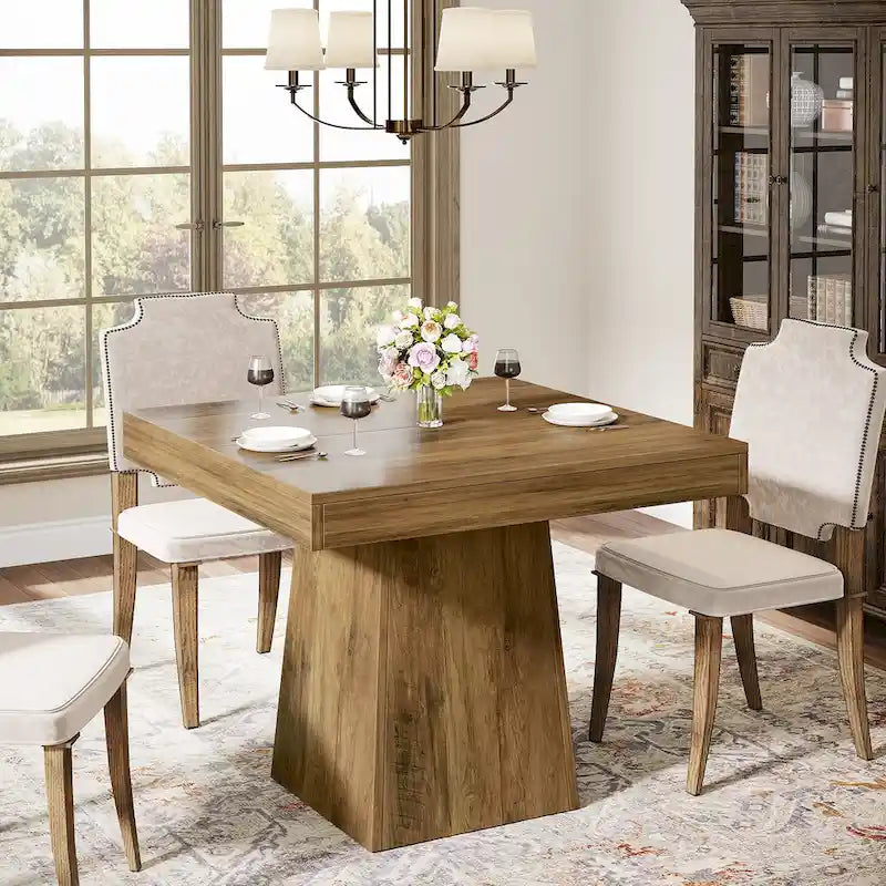 Table à manger piédestal carrée pour 4 personnes avec finition veinée bois marron rustique