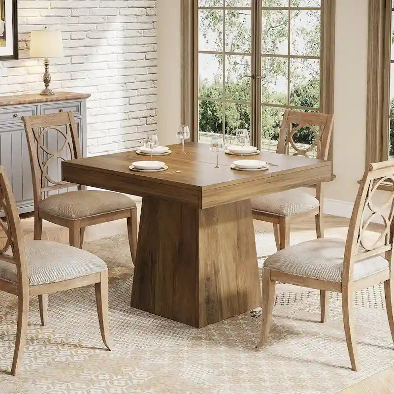 Table à manger piédestal carrée pour 4 personnes avec finition veinée bois marron rustique
