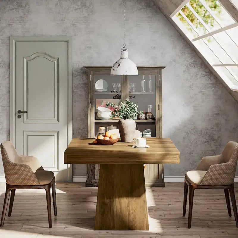 Table à manger piédestal carrée pour 4 personnes avec finition veinée bois marron rustique