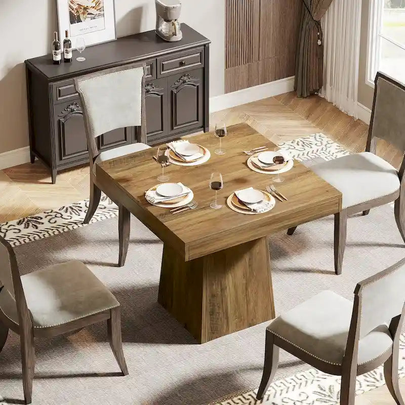 Table à manger piédestal carrée pour 4 personnes avec finition veinée bois marron rustique