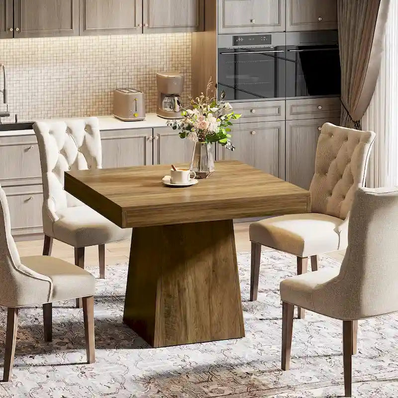 Table à manger piédestal carrée pour 4 personnes avec finition veinée bois marron rustique