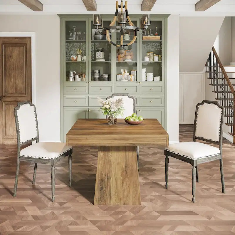 Table à manger piédestal carrée pour 4 personnes avec finition veinée bois marron rustique