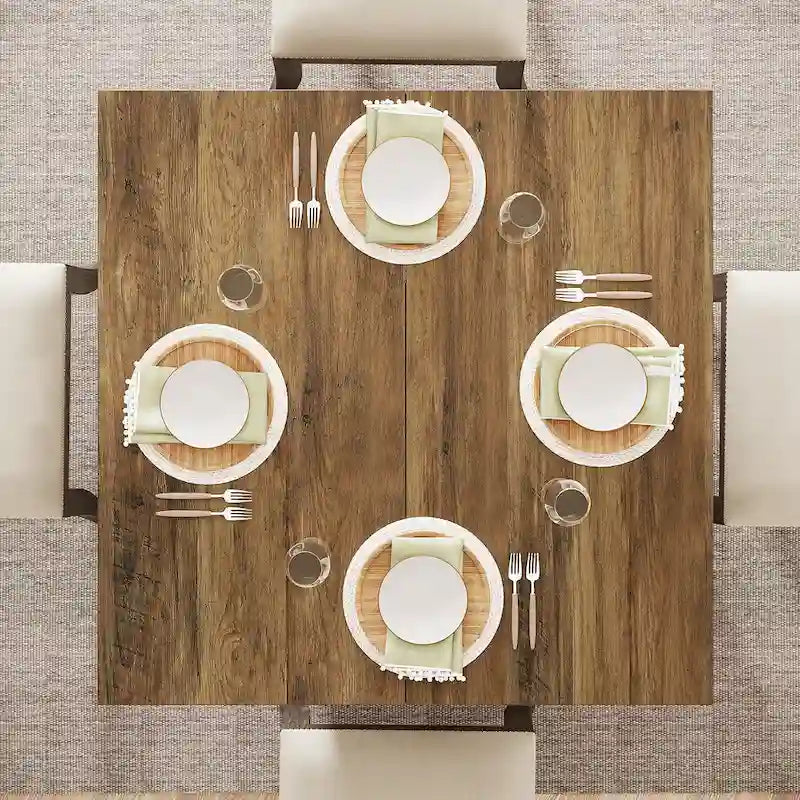 Table à manger piédestal carrée pour 4 personnes avec finition veinée bois marron rustique
