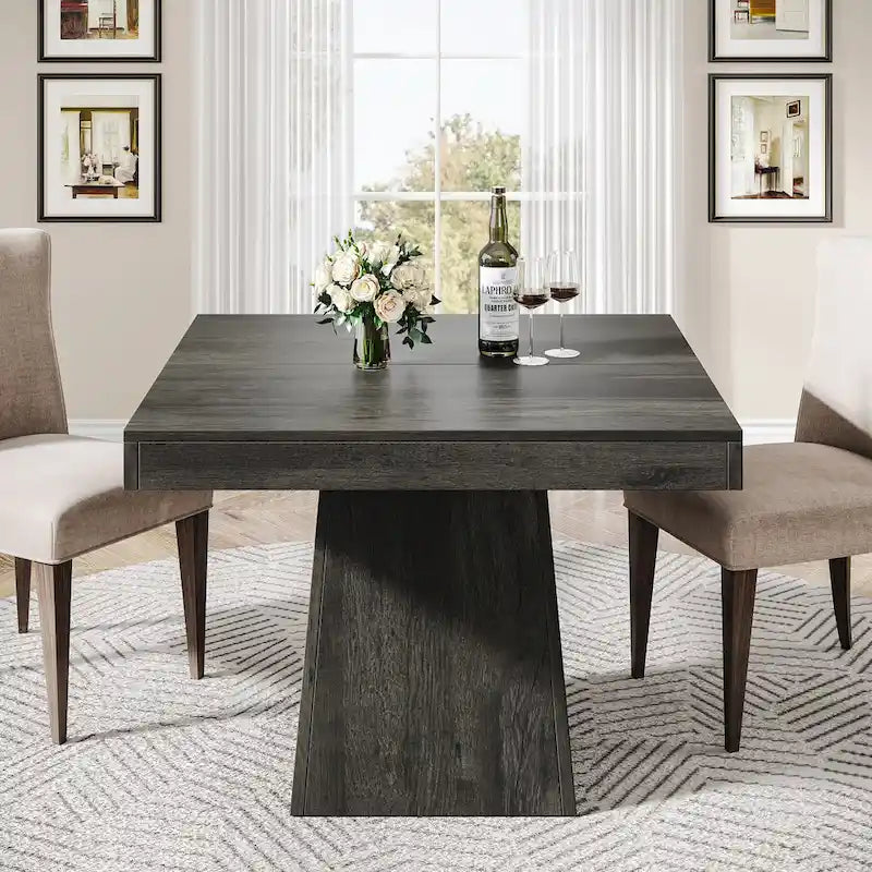 Table à manger piédestal carrée pour 4 personnes avec finition veinée bois marron rustique