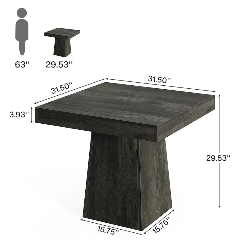 Table à manger piédestal carrée pour 4 personnes avec finition veinée bois marron rustique