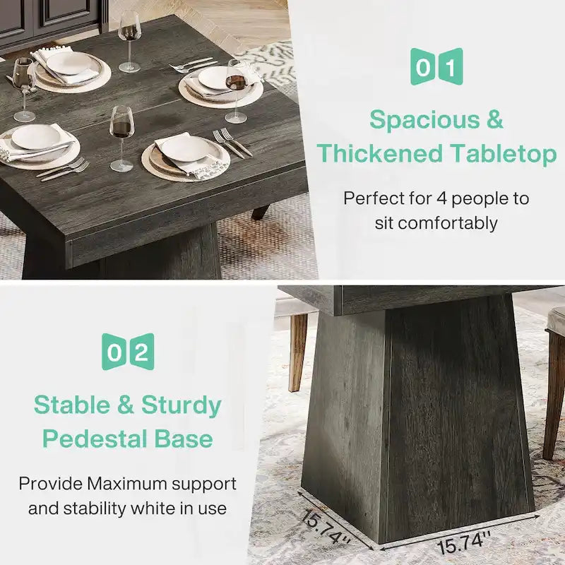 Table à manger piédestal carrée pour 4 personnes avec finition veinée bois marron rustique