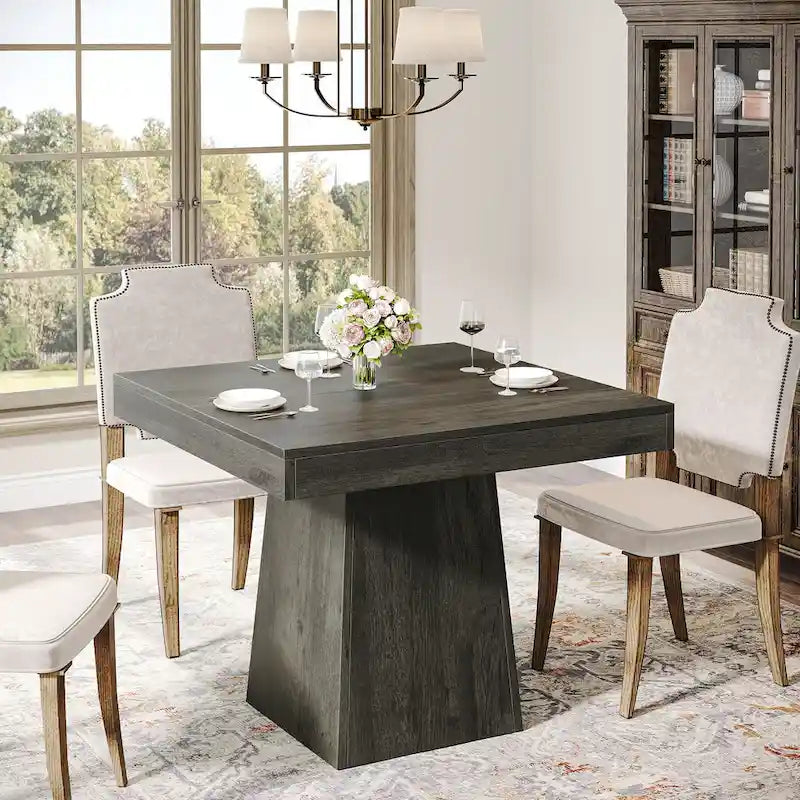 Table à manger piédestal carrée pour 4 personnes avec finition veinée bois marron rustique
